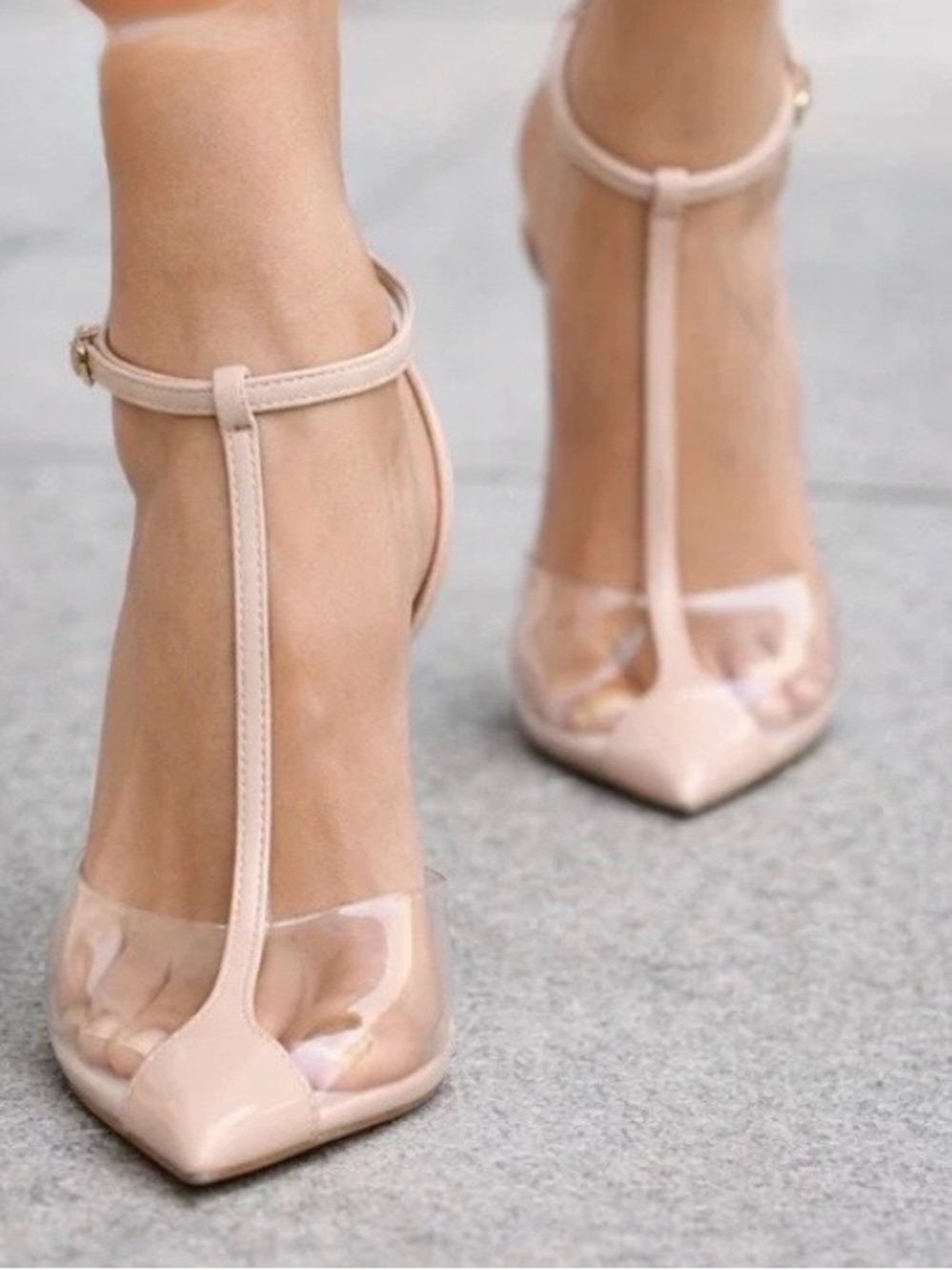 Zara T Strap Blush Nude Pointed Toe Ankle-Strap Heels with Clear Vamp Size 39 - Picture 4 of 11